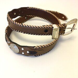 Leather Western Belt Brown Silver Accents Concho